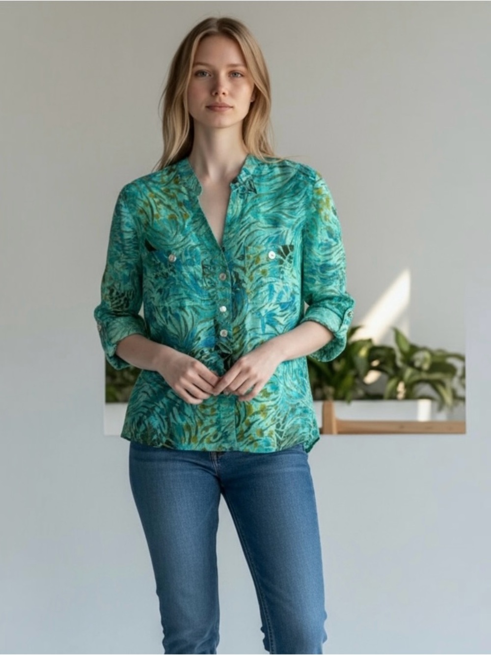Ruby Rd Favorites Linen Blend Floral Roll-Tab Sleeves Burnout Shirt Jacket Sz 8P